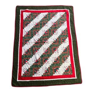 VTG 2002 Christmas Log Cabin Quilt 80x61 Handmade First Quilt Signed Marie‎ Day
